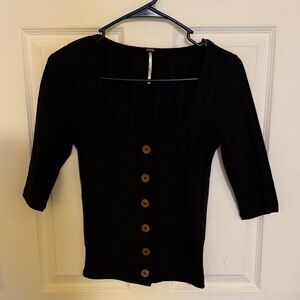 Free People Black Button-Up Ribbed Top
